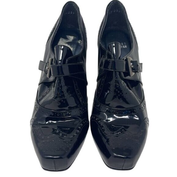 Stuart Weitzman patent leather Oxford Wingtip Heels Boot Buckle, Sz 9, 4.5” Heel - Picture 2 of 15